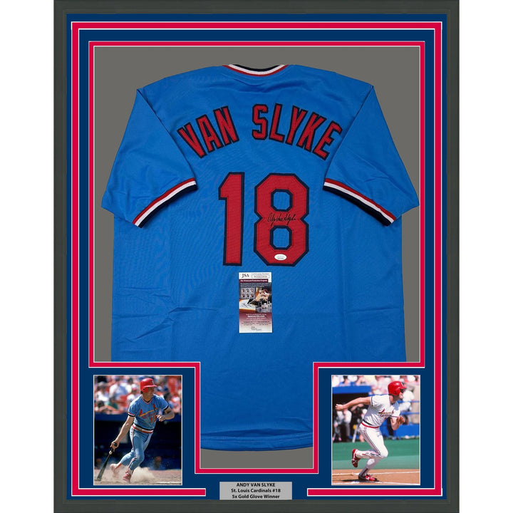 Framed Signed Andy Van Slyke 35x39 St. Louis Blue Jersey JSA COA