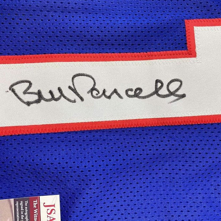Framed Autographed/Signed Bill Parcells 35x39 New York Blue Stat Jersey JSA COA