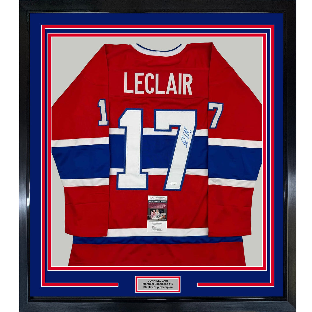 Framed Autographed/Signed John LeClair 35x39 Montreal Red Hockey Jersey JSA COA
