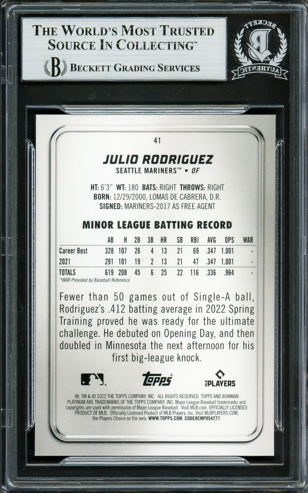 Julio Rodriguez Signed 2022 Bowman Platinum RC 41 Seattle Mariners Beckett