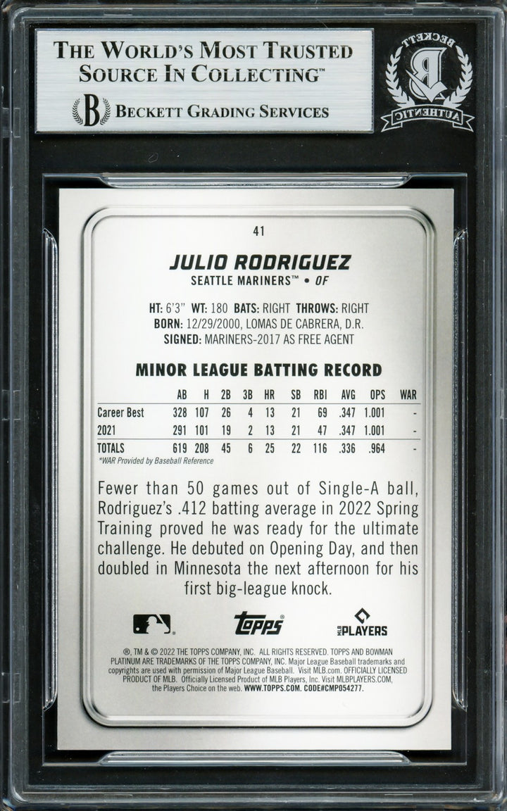 Julio Rodriguez Signed 2022 Bowman Platinum RC 41 Seattle Mariners Beckett