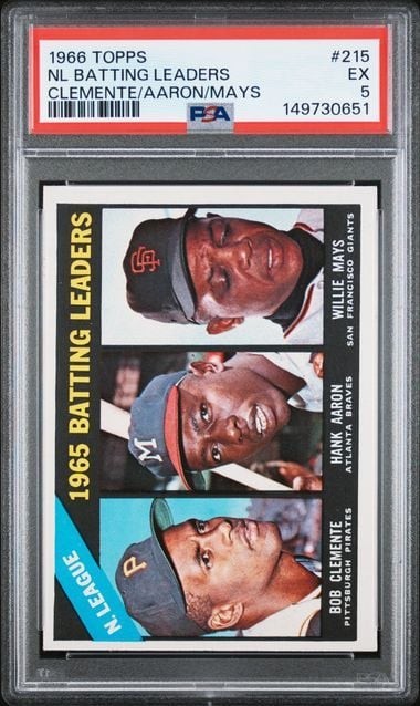 Graded 1966 Topps NL Batting Leaders Clemente Aaron Mays #215 PSA 5