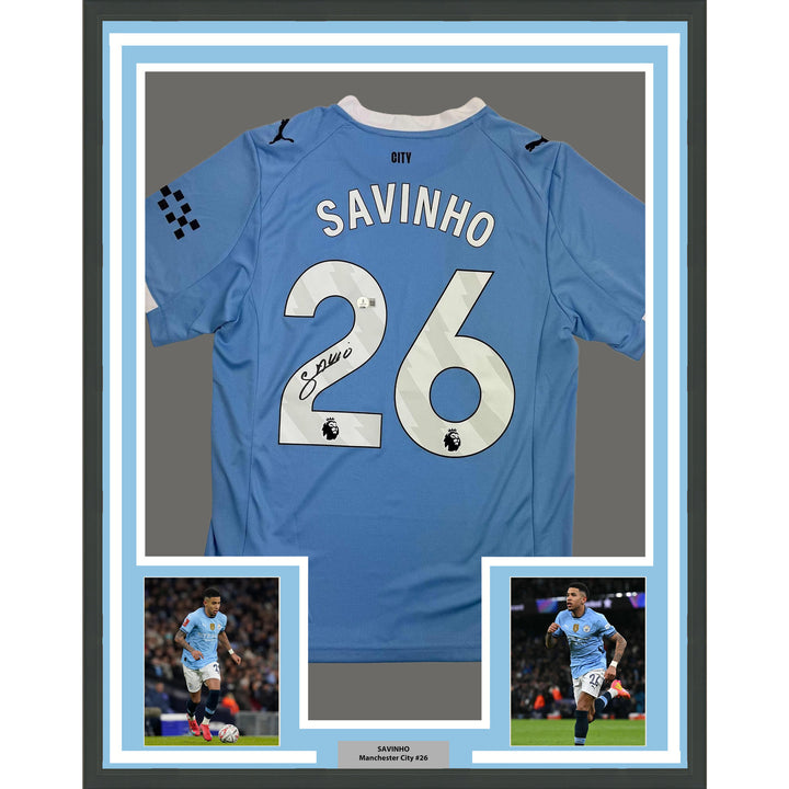 Framed Autographed/Signed Savinho 35x39 Manchester City Blue Jersey Beckett COA