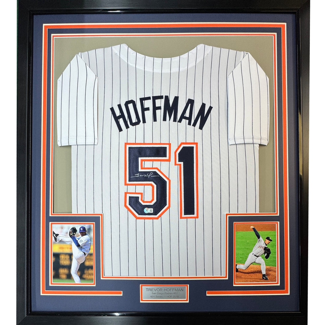 Framed Autographed/Signed Trevor Hoffman 35x39 San Diego Jersey BAS COA