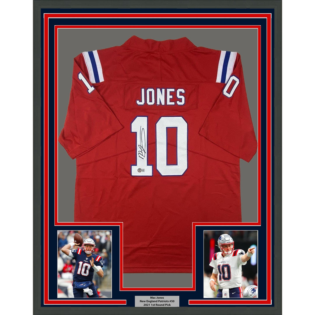 FRAMED Autographed/Signed MAC JONES 35x39 Red Jersey Beckett BAS COA