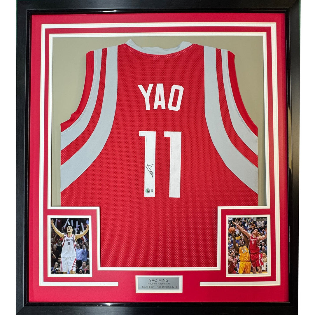 Framed Autographed/Signed Yao Ming 35x39 Houston Red Jersey BAS COA