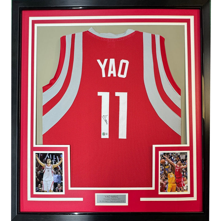 Framed Autographed/Signed Yao Ming 35x39 Houston Red Jersey BAS COA