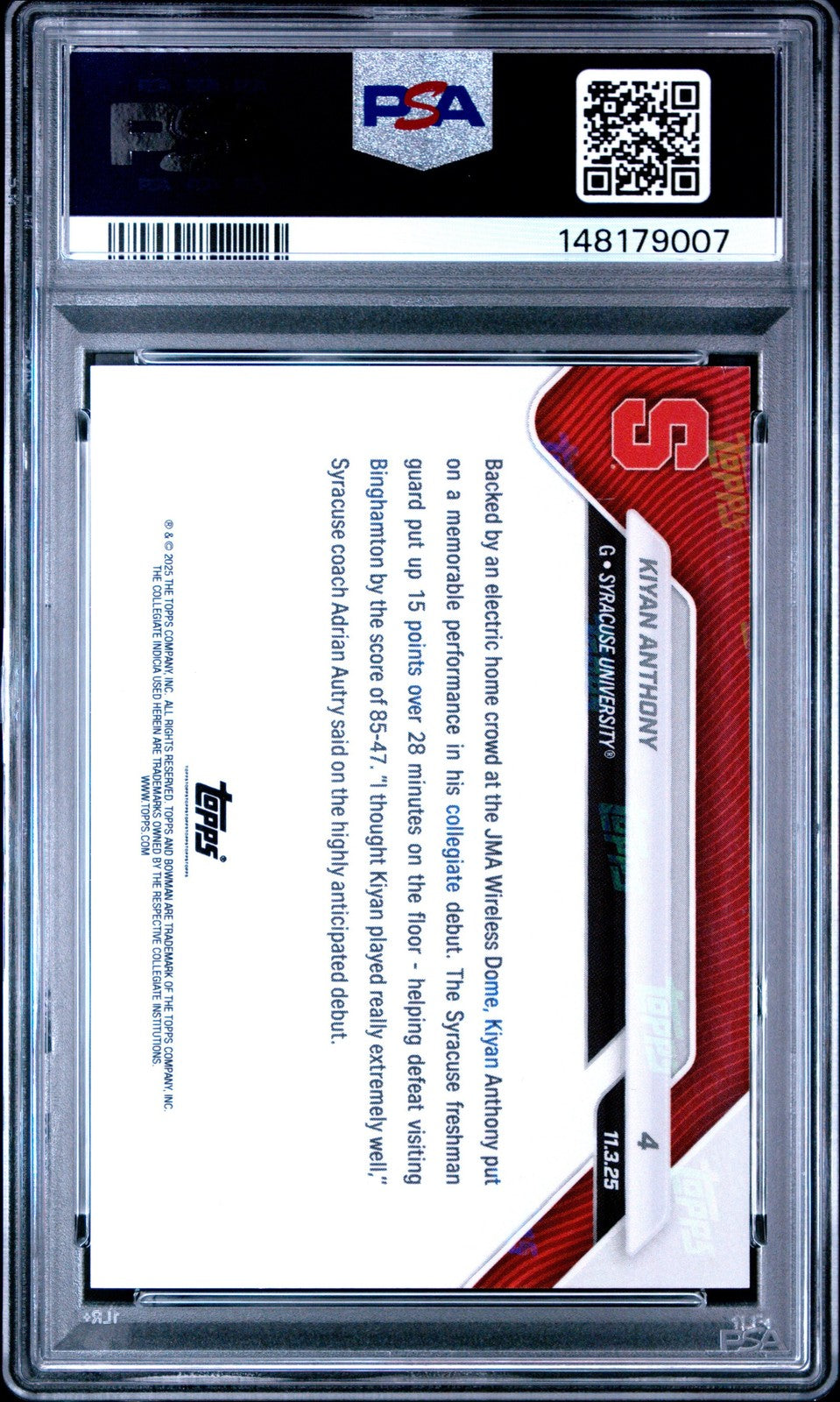 Graded 2025 Topps Bowman U Now Kiyan Anthony #4 RC Basketball Card PSA 10