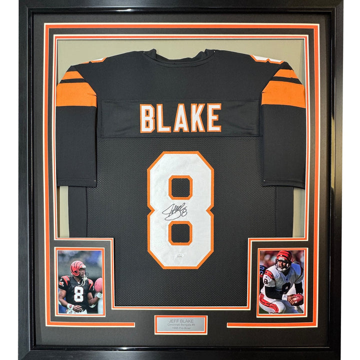 Framed Autographed/Signed Jeff Blake 33x42 Cincinnati Black Jersey JSA COA