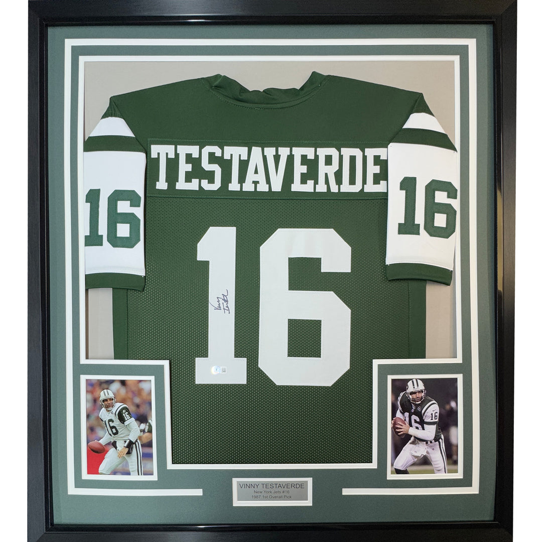 FRAMED Autographed/Signed VINNY TESTAVERDE 33x42 New York Green Jersey JSA COA