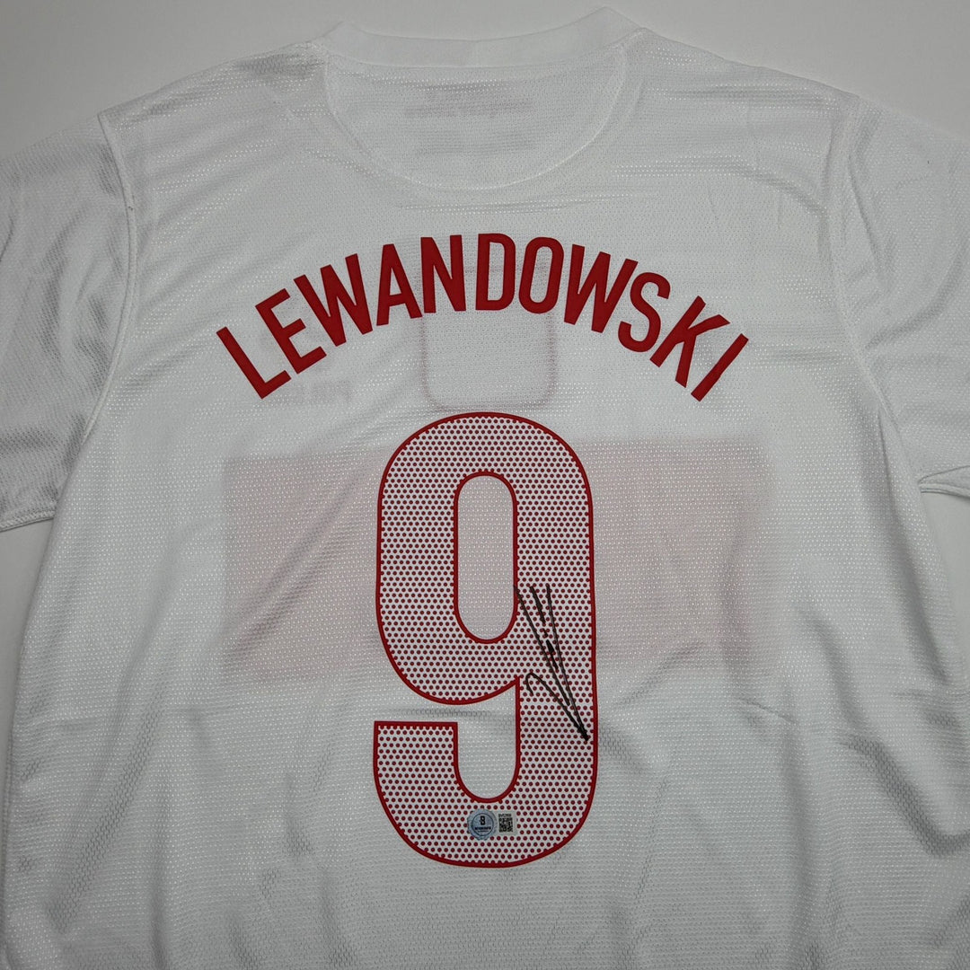 Autographed/Signed Robert Lewandowski Poland White Soccer Jersey Beckett BAS COA