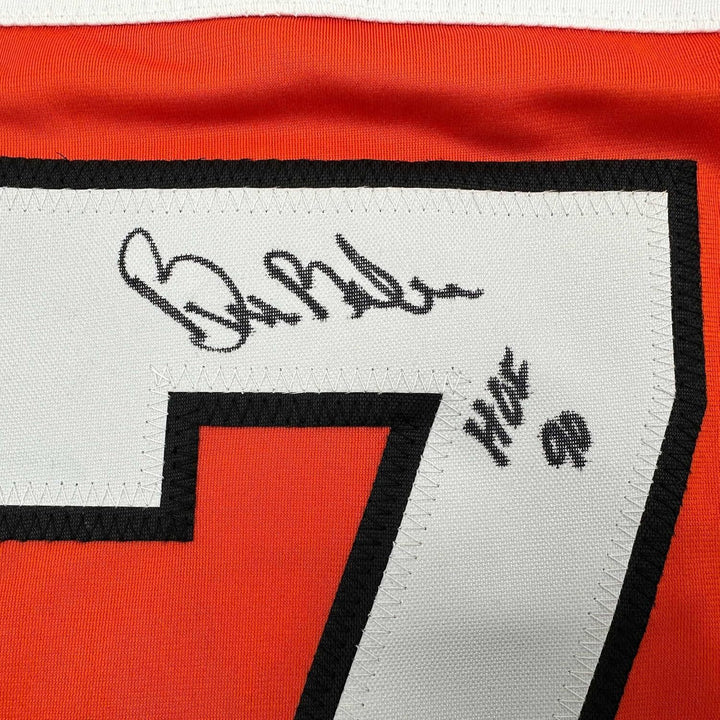 Framed Autographed/Signed Bill Barber 35x39 HOF 90 Orange Hockey Jersey BAS COA