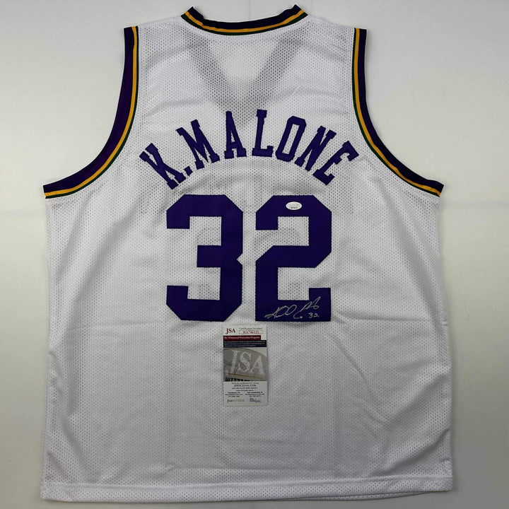 Autographed/Signed Karl Malone Utah White Retro Basketball Jersey JSA COA