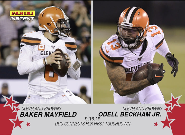 2019 PANINI INSTANT BAKER MAYFIELD ODELL BECKHAM DUO CONNECTS FOR 1st TD CARD 35