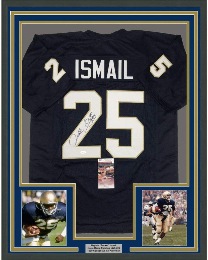 Framed Autographed/Signed Raghib Ismail Rocket 35x39 Notre Dame Jersey JSA COA