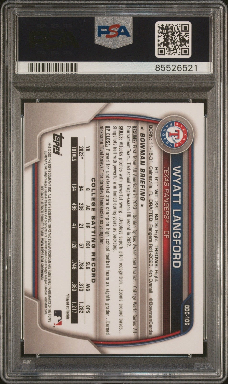 Graded 2023 Bowman Draft Wyatt Langford #BDC106 Chrome RC Card PSA 10