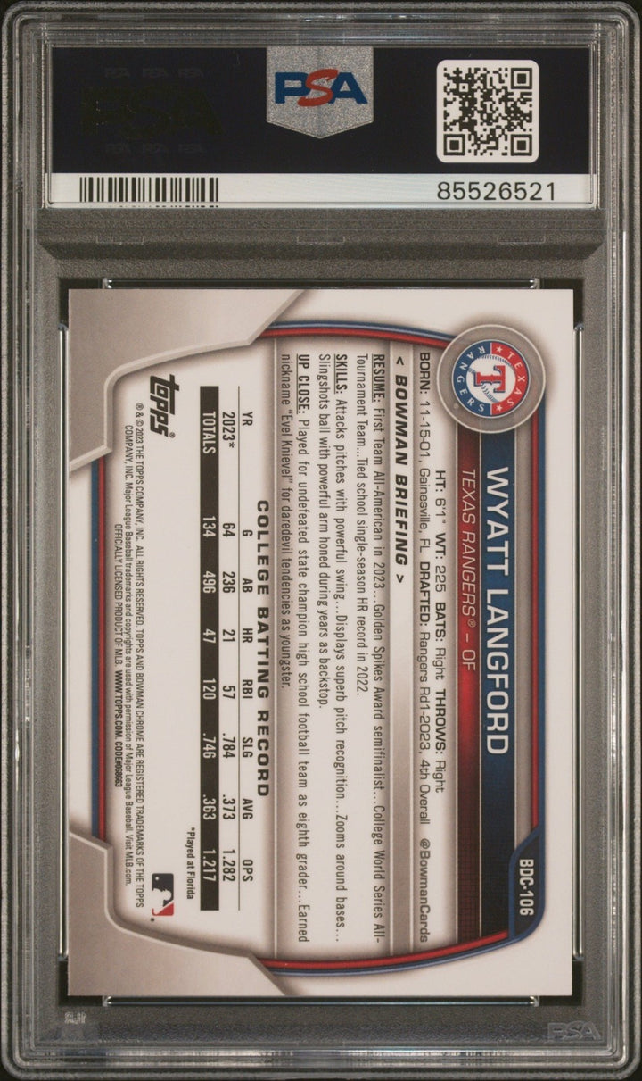 Graded 2023 Bowman Draft Wyatt Langford #BDC106 Chrome RC Card PSA 10