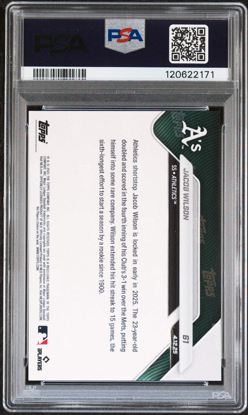 Graded 2025 Topps Now Jacob Wilson #61 Rookie RC Baseball Card PSA 10 Gem Mint