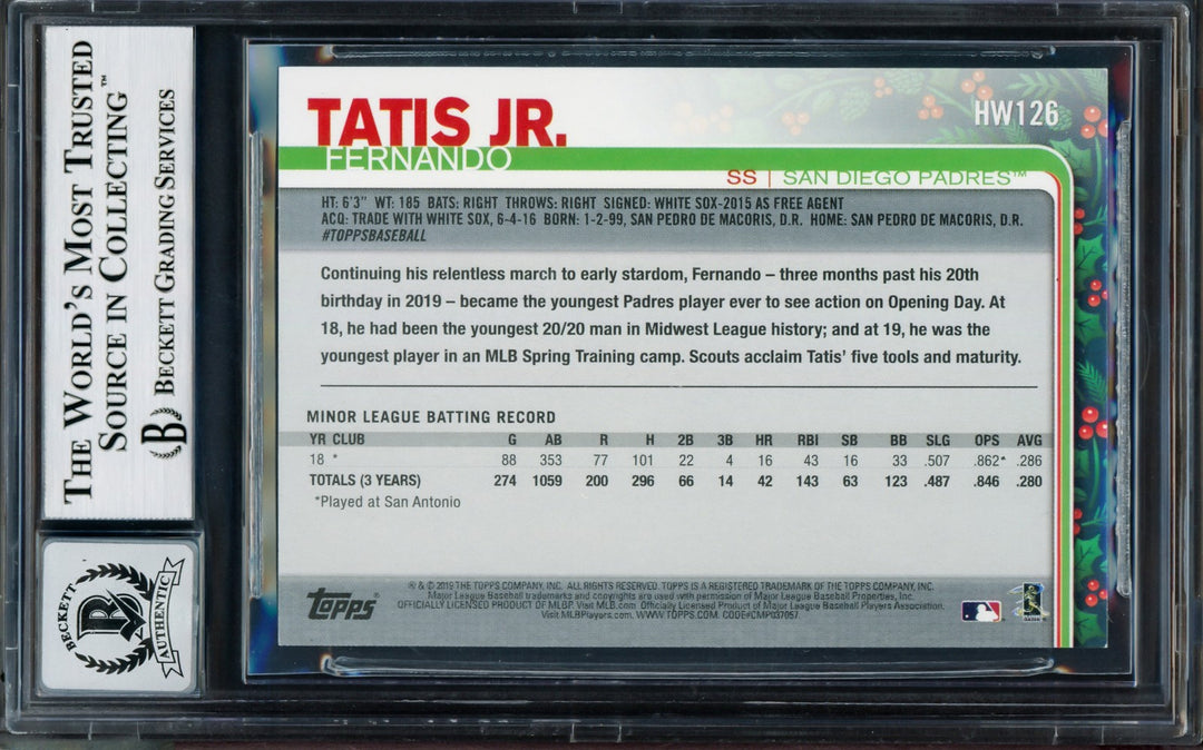 Fernando Tatis Jr. Signed 2019 Topps Holiday RC HW126 Padres Auto GM 10 Beckett