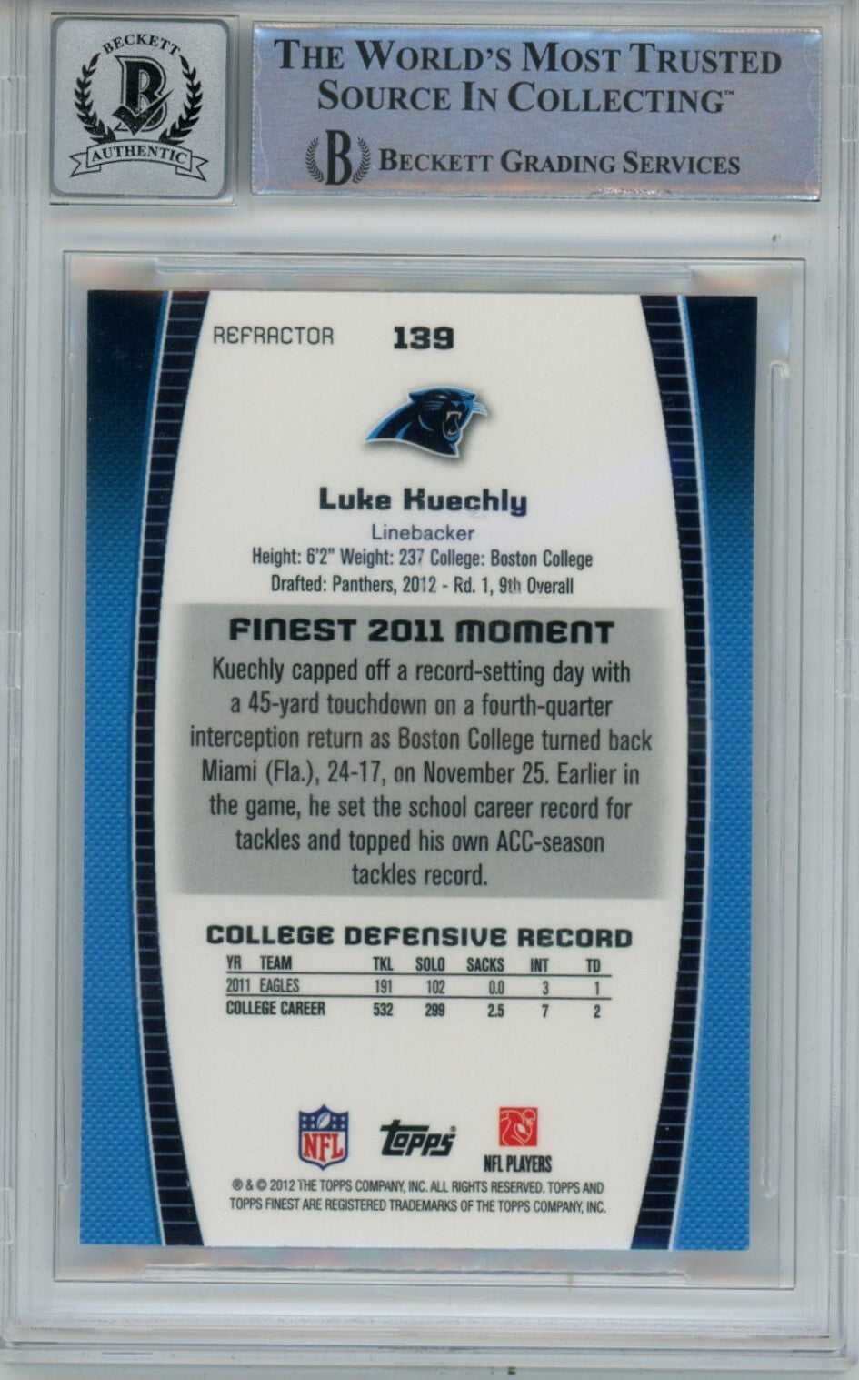 Luke Kuechly Signed Panthers 2012 Finest Refractor #139 Beckett Auto 10 40696