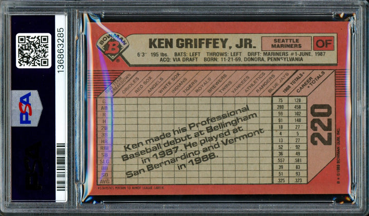 Ken Griffey Jr. Signed 1989 Bowman RC 220 Seattle Mariners PSA 9 Sig 10 PSA/DNA