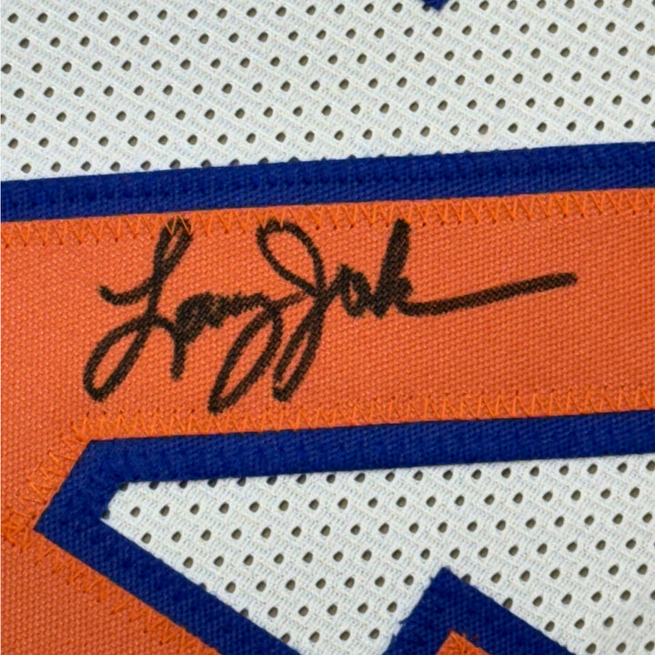 Framed Autographed/Signed Larry Johnson 33x42 New York White Jersey JSA COA