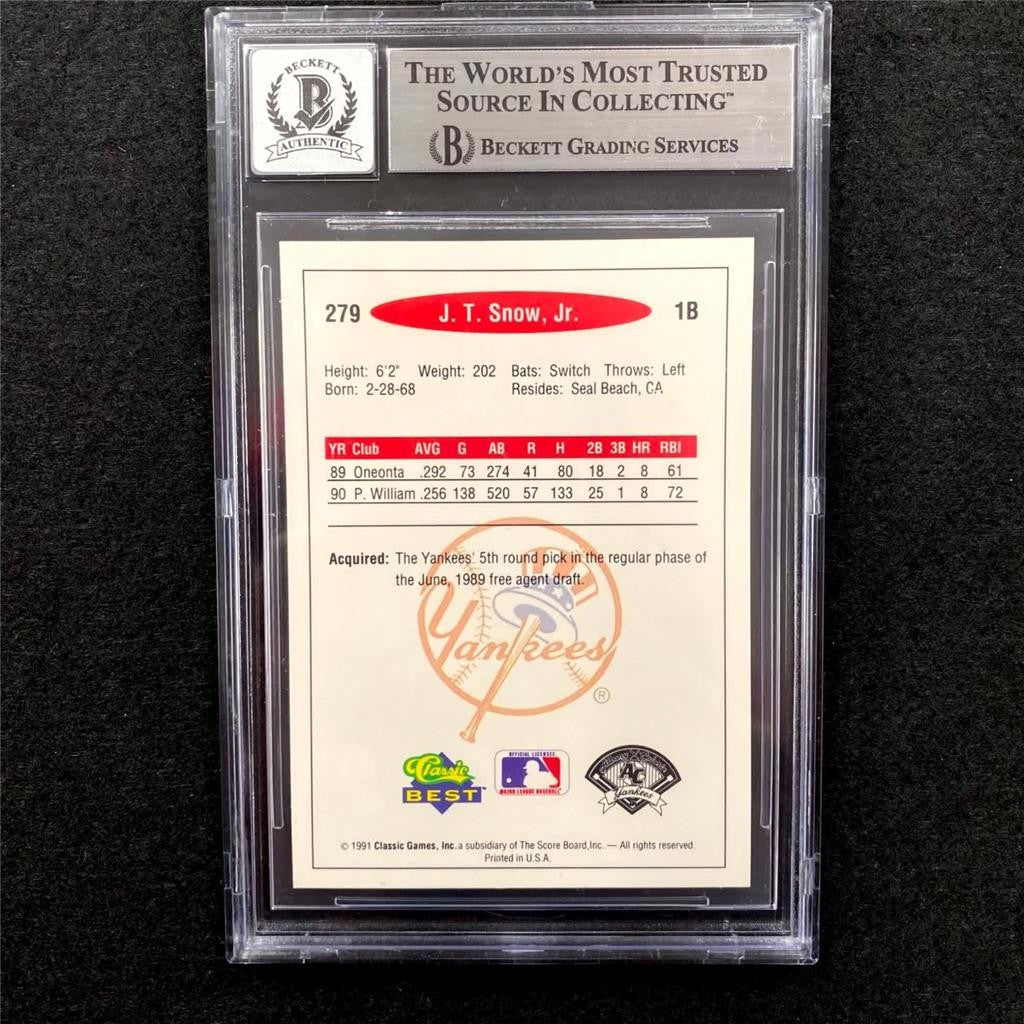 J.T. Snow signed 1991 Classic Albany Yankees #279 Card RC ~ Beckett BAS 10 Auto