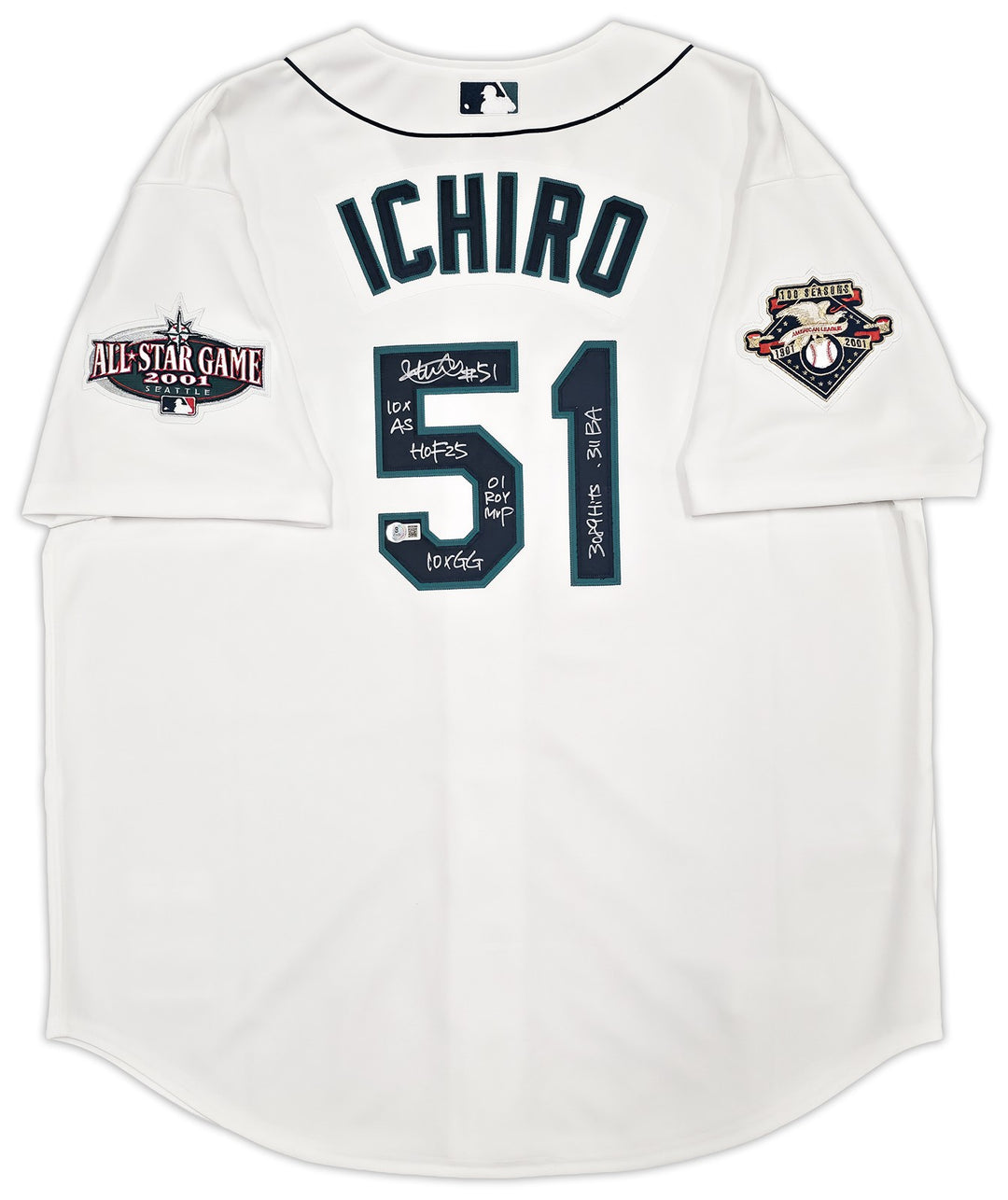 Mariners Ichiro Suzuki Auto White M&N Cooperstown 2001 Rookie Jersey 52 7 Stats