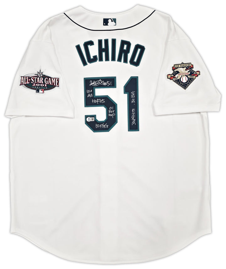 Mariners Ichiro Suzuki Auto White M&N Cooperstown 2001 Rookie Jersey 52 7 Stats