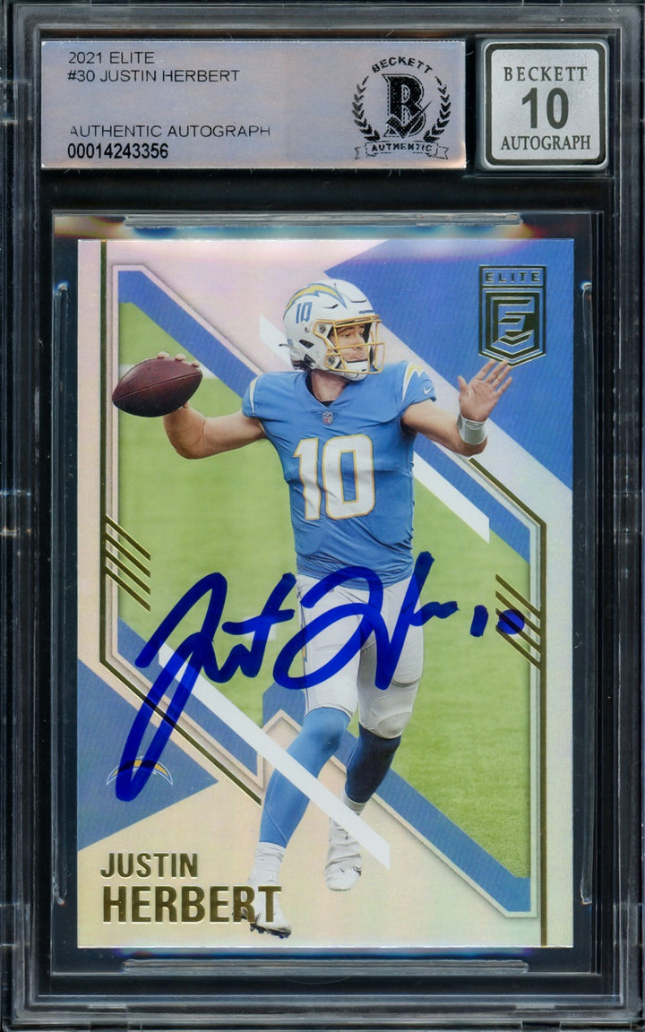 Justin Herbert Signed 2021 Panini Donruss Elite Refractor Card 30 Sig 10 Beckett