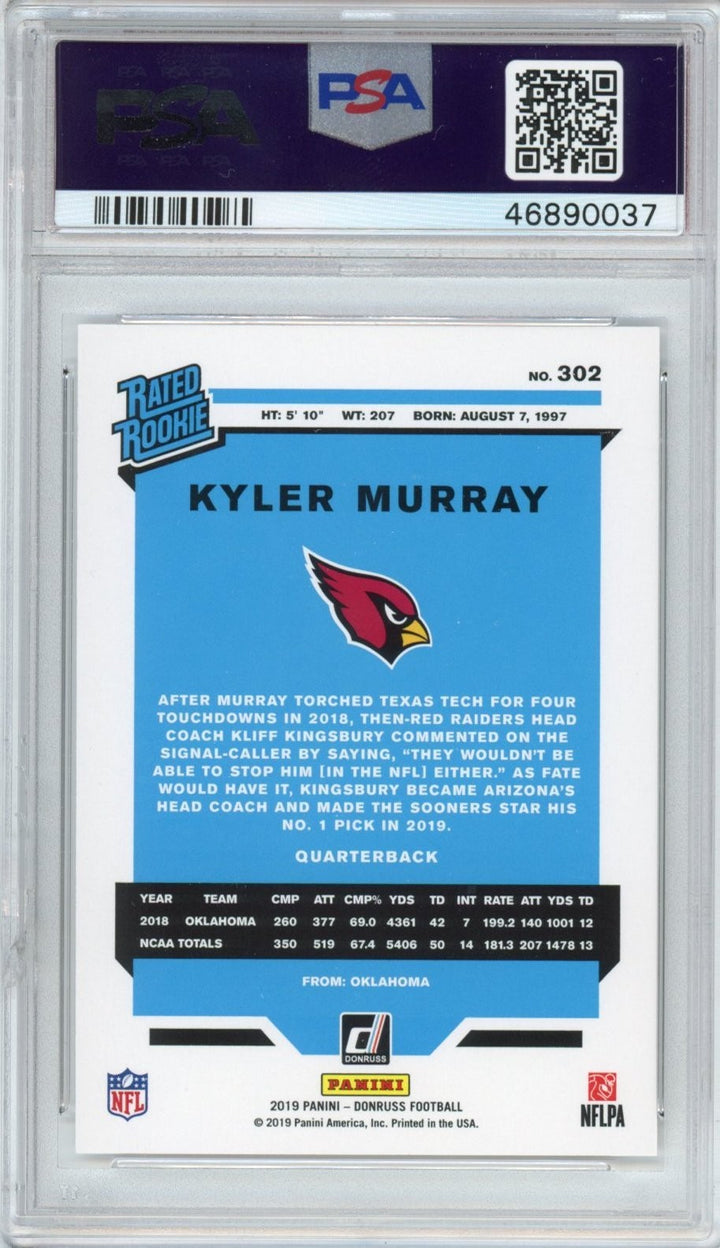 Graded 2019 Panini Donruss Kyler Murray #302 Rookie RC Football Card PSA 10