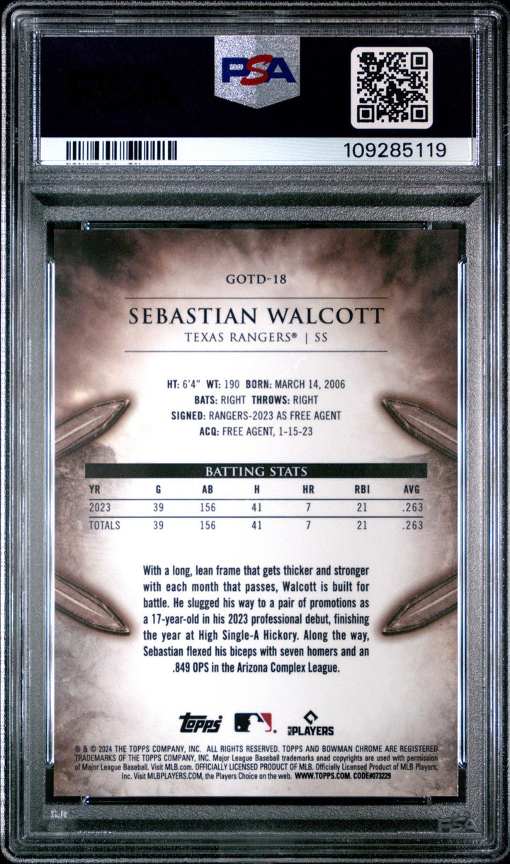 Graded 2024 Bowman Sebastian Walcott #GOTD18 Gladiators RC Baseball Card PSA 10