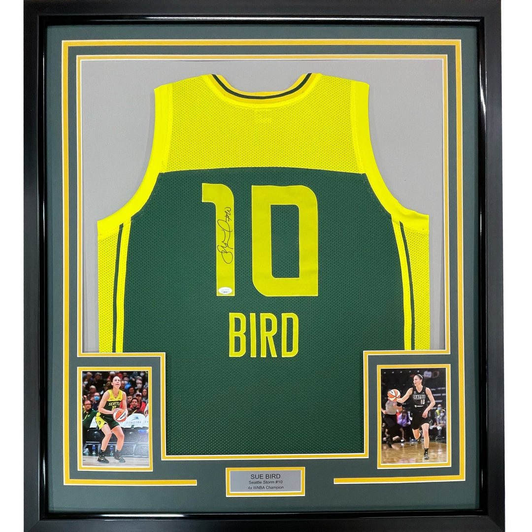 Framed Autographed/Signed Sue Bird 35x39 Seattle Green Jersey JSA COA