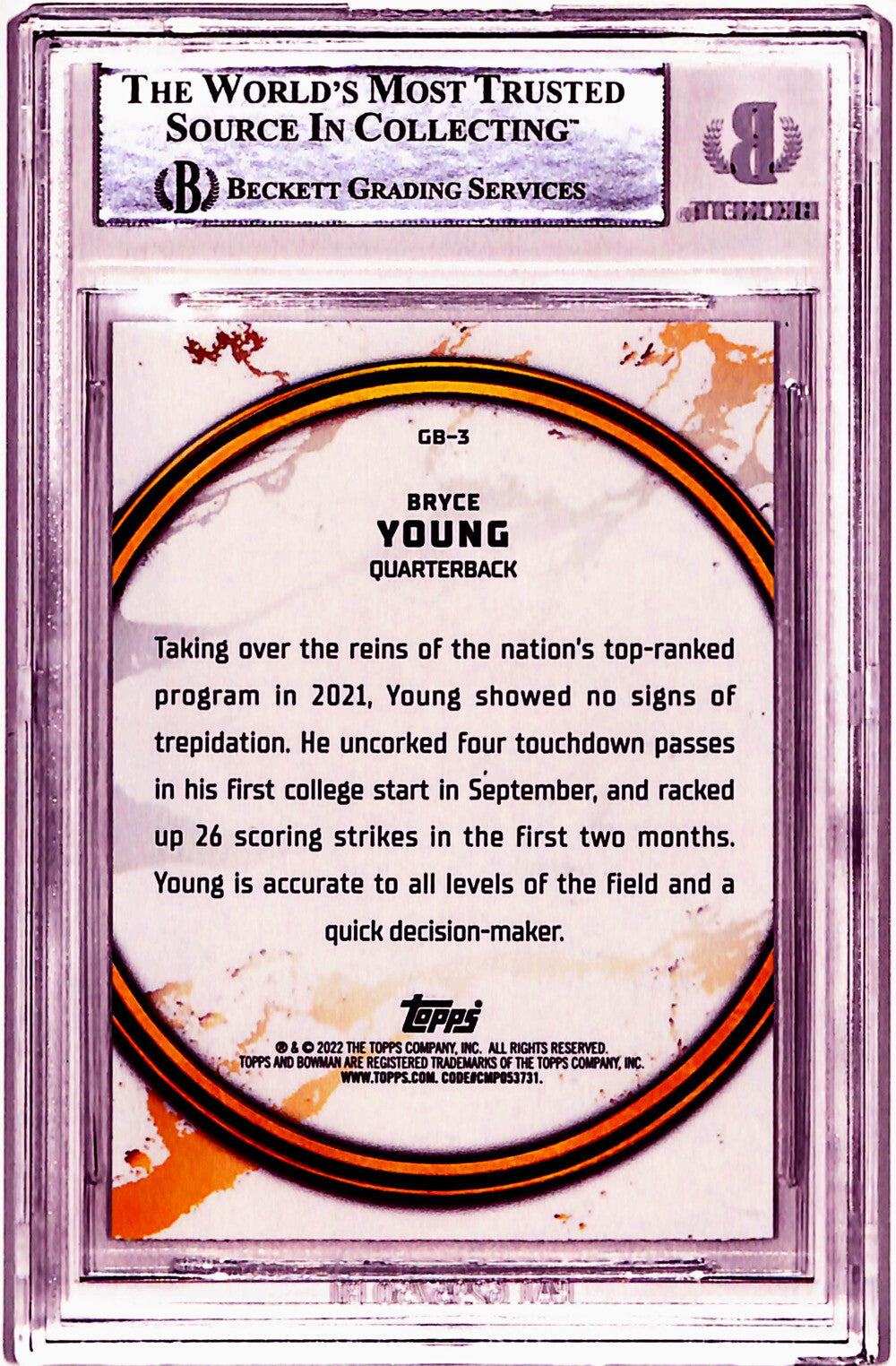 Bryce Young Signed 2022 Bowman University #GB-3 Rookie Card Beckett Slab 40775