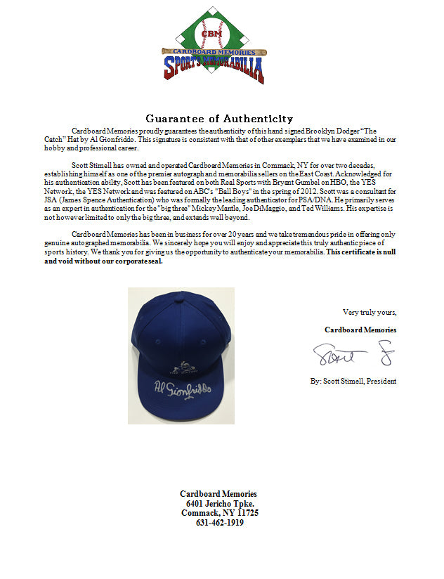 Al Gionfriddo Signed Brooklyn Dodgers 1947 World Series The Catch Hat Auto COA