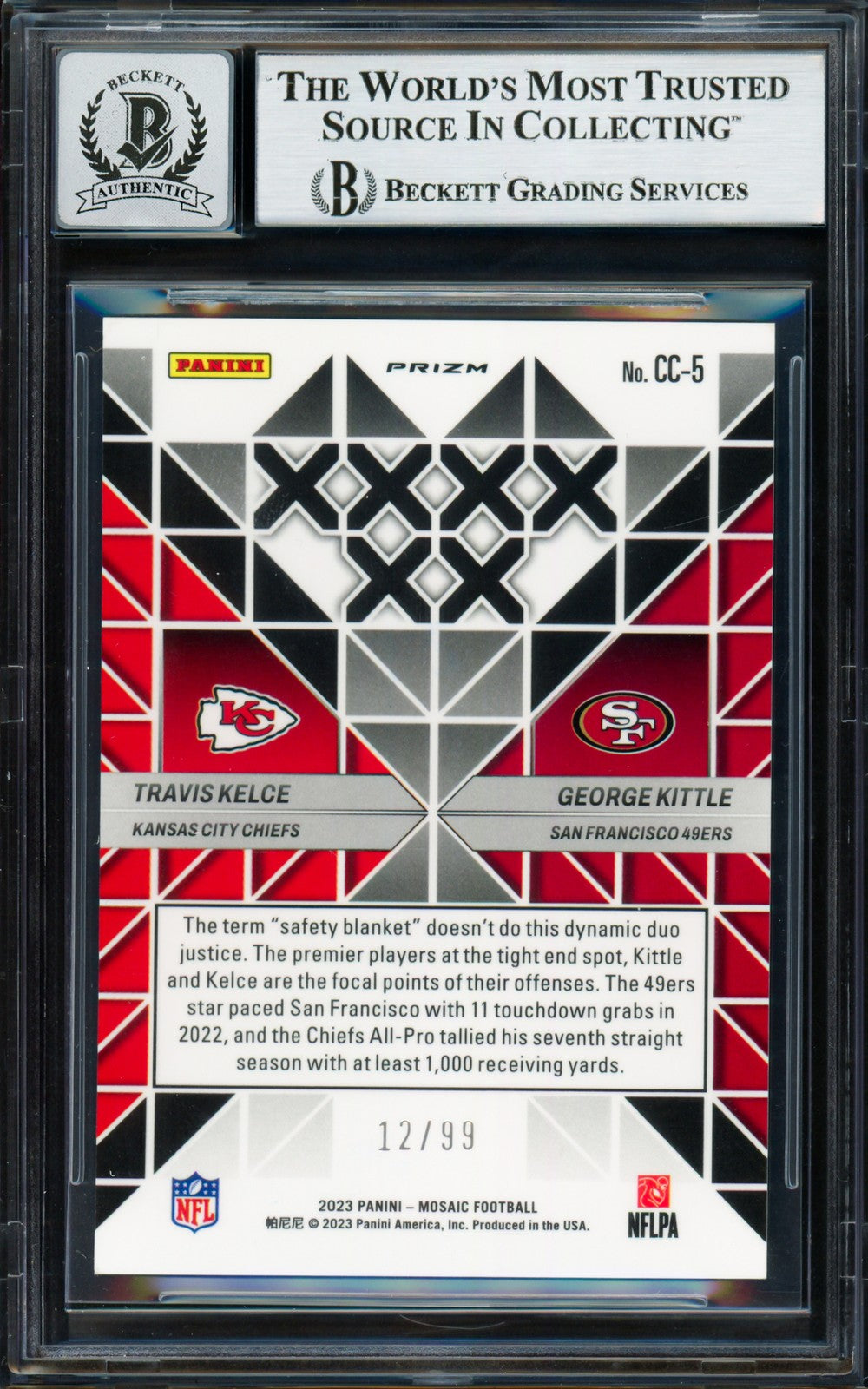 Travis Kelce George Kittle Auto 2023 Panini Mosaic Blue Card Sig 10 /99 Beckett