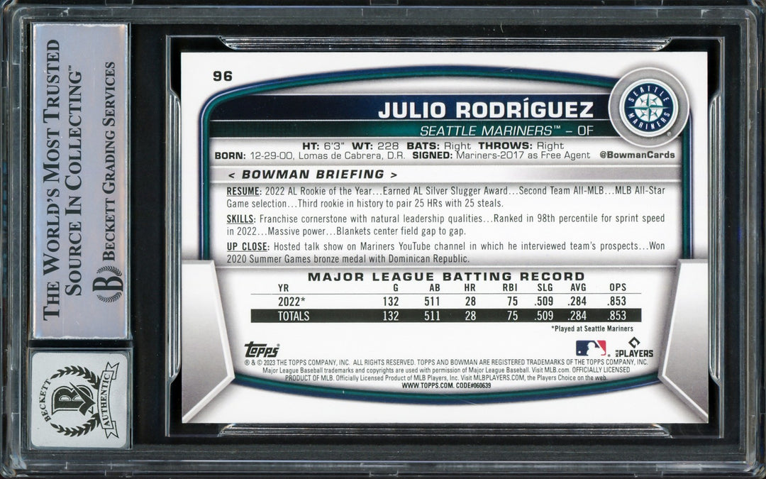 Julio Rodriguez Signed 2023 Bowman Card 96 Seattle Mariners Auto GM 10 Beckett