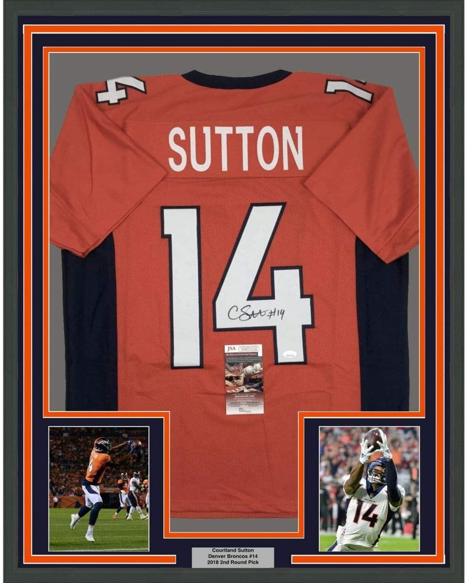 Framed Signed Courtland Sutton 35x39 Denver Orange Jersey JSA COA