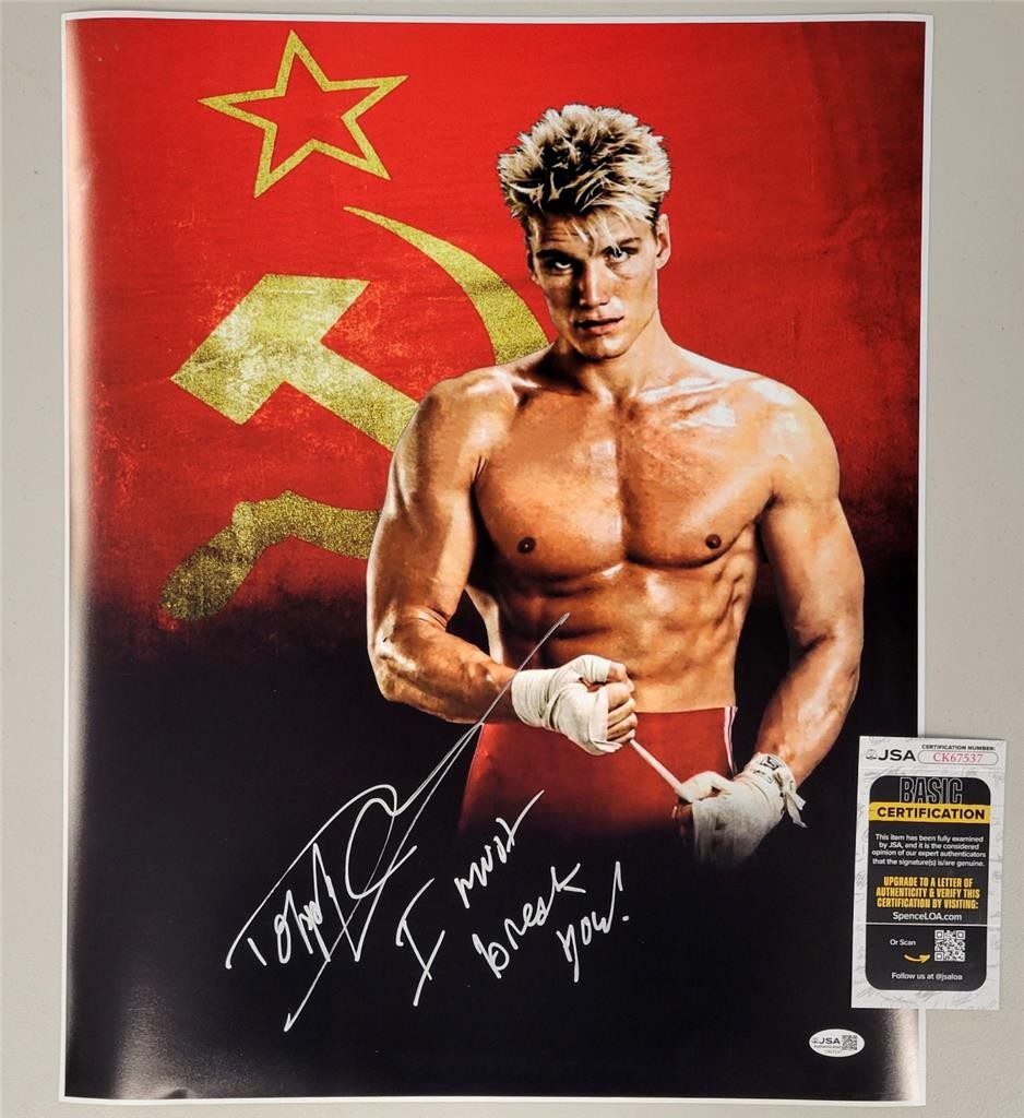 Dolph Lundgren signed Drago "I Must Break You!" 16x20 photo Rocky auto (B) ~ JSA