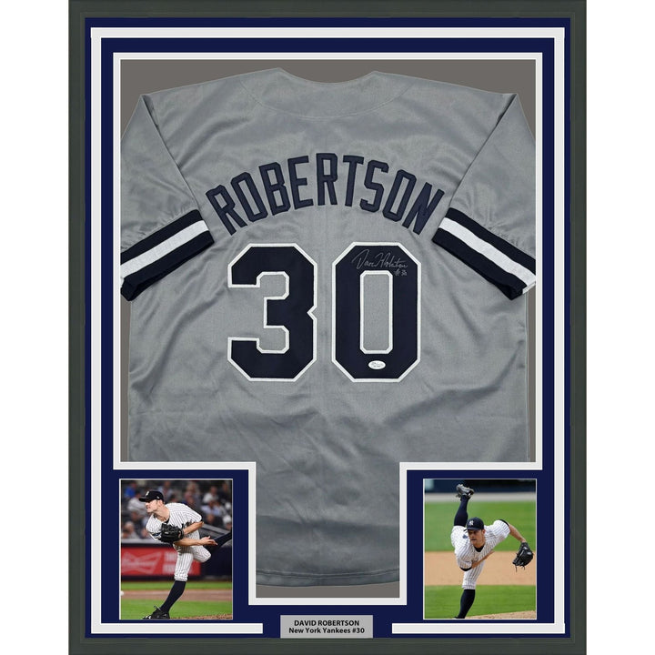 Framed Autographed/Signed David Robertson 35x39 NY Grey Jersey JSA COA