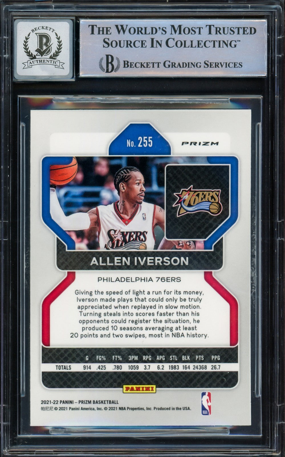 Allen Iverson Auto 2021-22 Prizm Orange Ice Card 255 76ers Sig 10 Beckett Wit