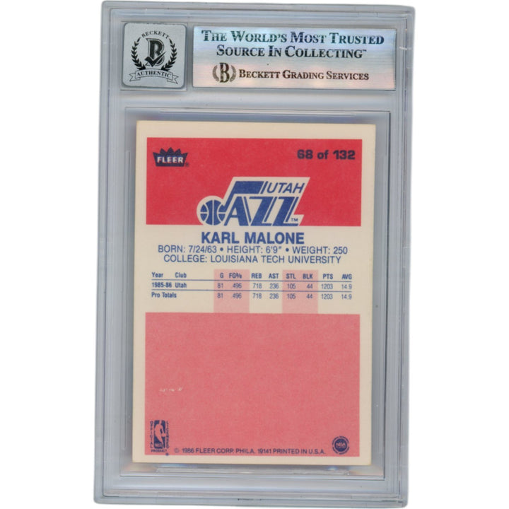 Karl Malone Autographed 1986 Fleer #68 Slabbed Trading Card Beckett 50667