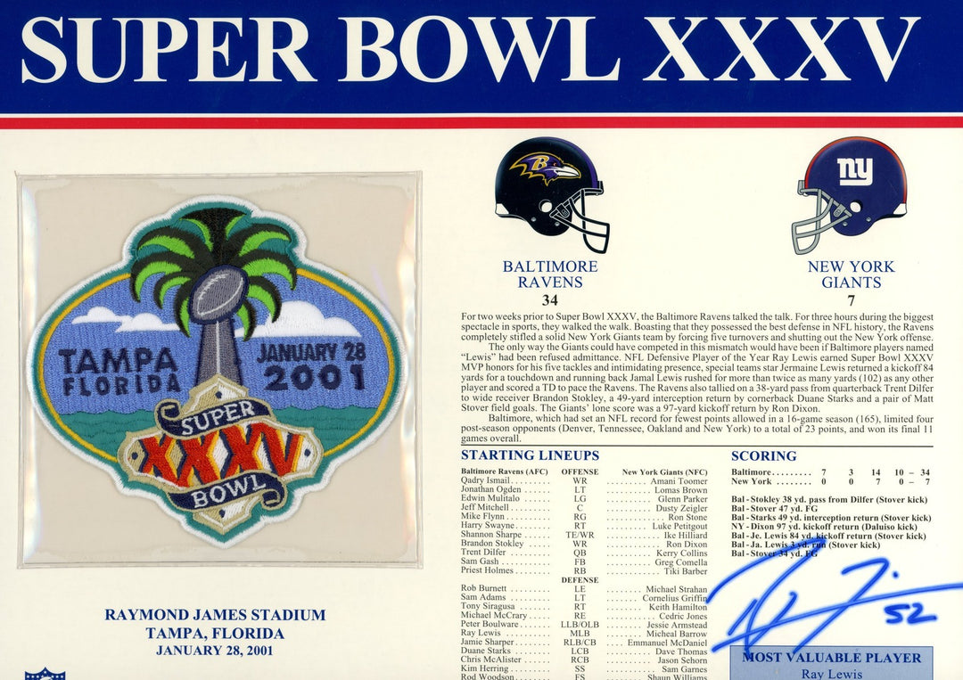 Ray Lewis Autographed Baltimore Ravens SB XXXV Patch Stat Card Beckett 54956
