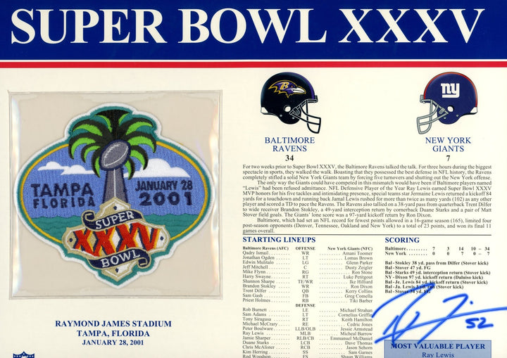 Ray Lewis Autographed Baltimore Ravens SB XXXV Patch Stat Card Beckett 54956