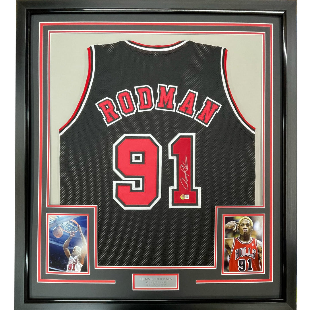 FRAMED Signed DENNIS RODMAN 35x39 Chicago Black Jersey JSA COA Auto