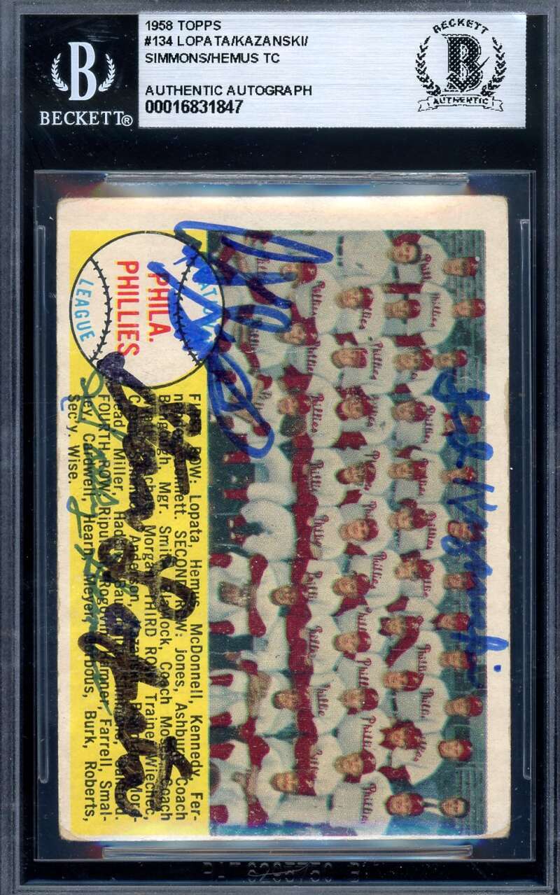 Lopata Kazanski Simmons Hemus Beckett BAS Signed By 4 1958 Topps Team Autograph