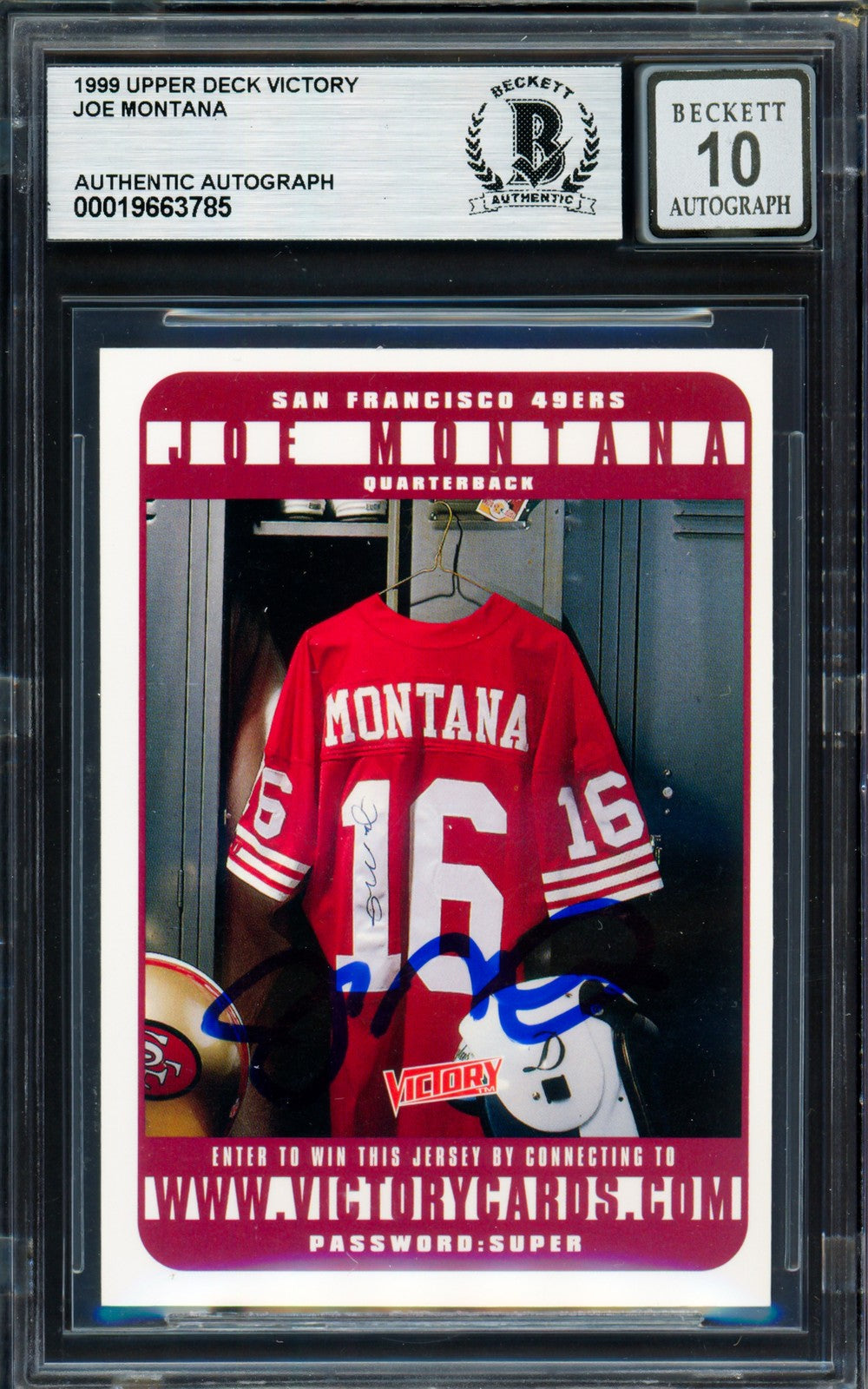 Joe Montana Signed 1999 Upper Deck Victory Card 49ers Auto GM 10 Beckett