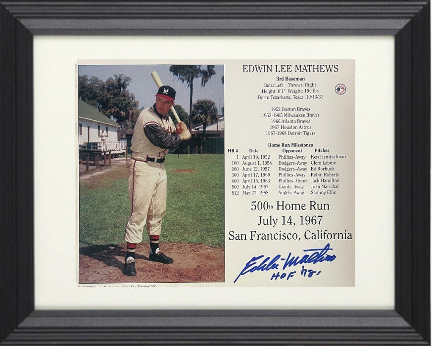 Eddie/Ed Mathews signed Braves 500th HR 7/14/67 8x10 Photo Framed HOF COA/Ticket