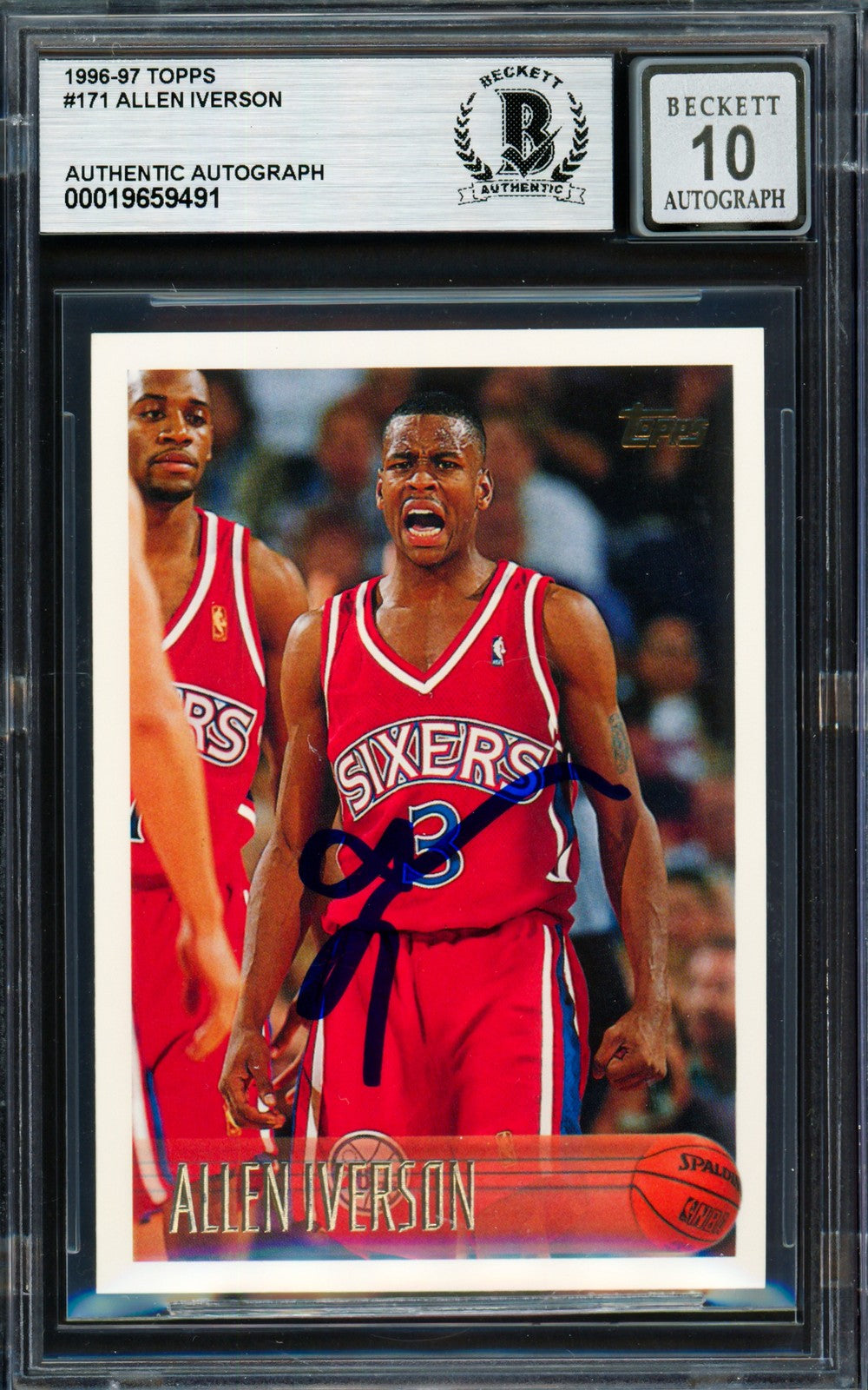 Allen Iverson Signed 1996-97 Topps RC 171 Philadelphia 76ers Auto GM 10 Beckett