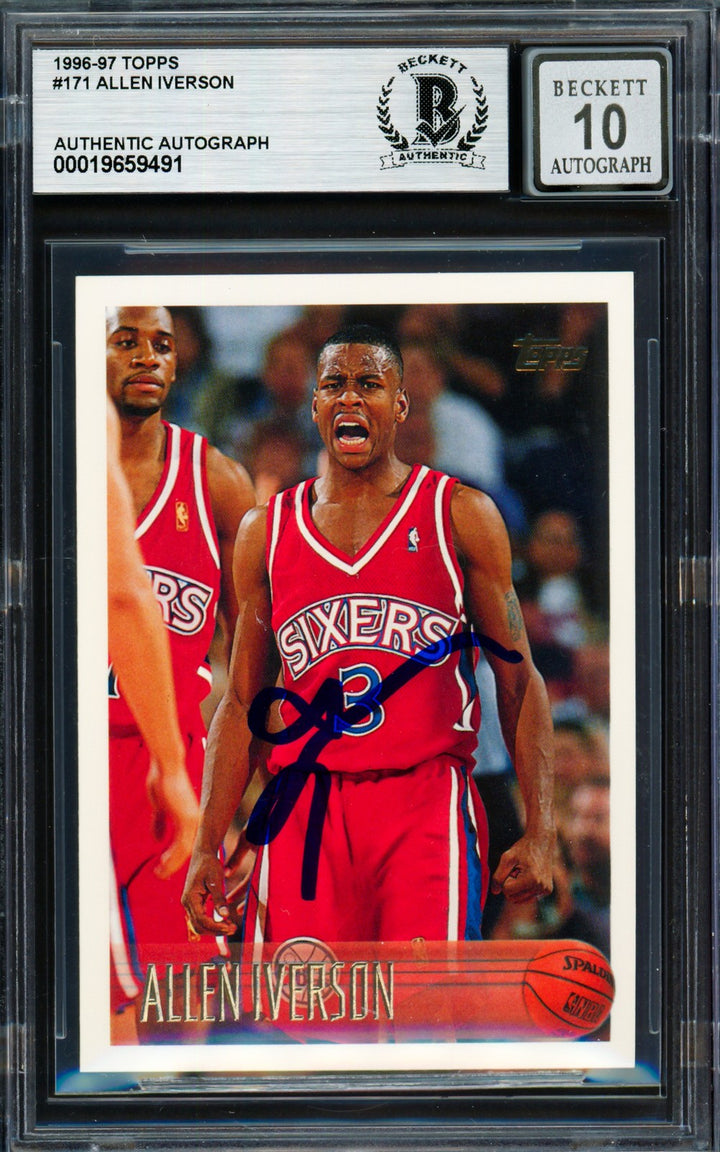 Allen Iverson Signed 1996-97 Topps RC 171 Philadelphia 76ers Auto GM 10 Beckett